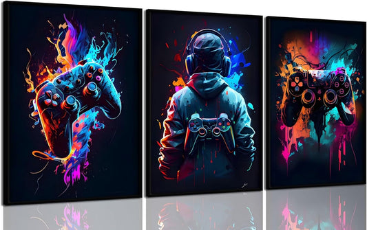 3Pcs Cool Gaming Wall Art – Retro Video Game Neon Posters (8x11 Inches Each) | Sticky Photo Tiles (Unframed)