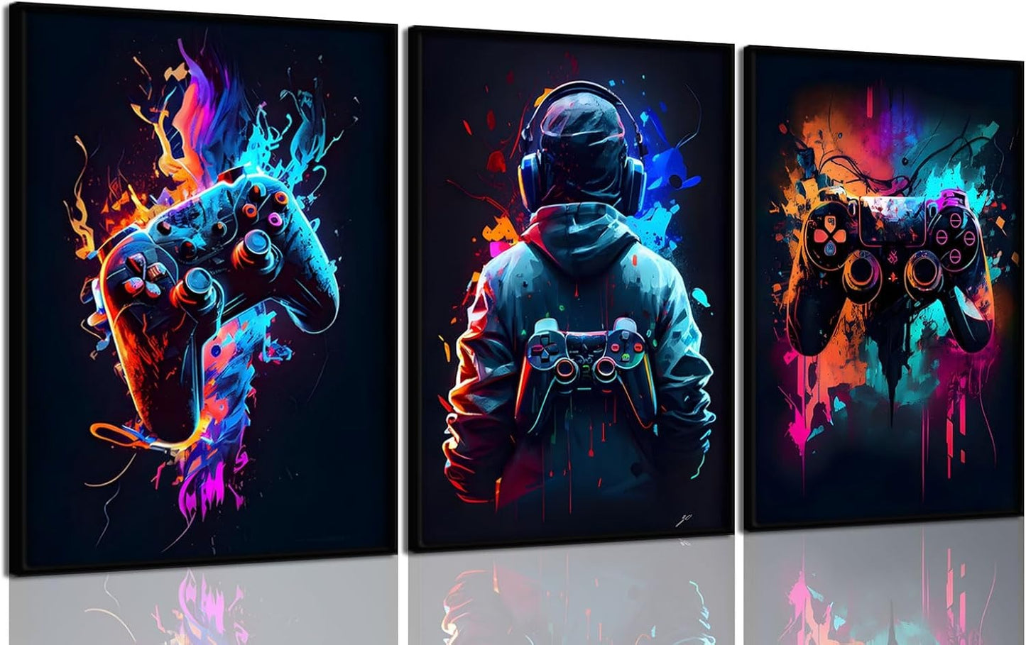 3Pcs Cool Gaming Wall Art – Retro Video Game Neon Posters (8x11 Inches Each) | Sticky Photo Tiles (Unframed)