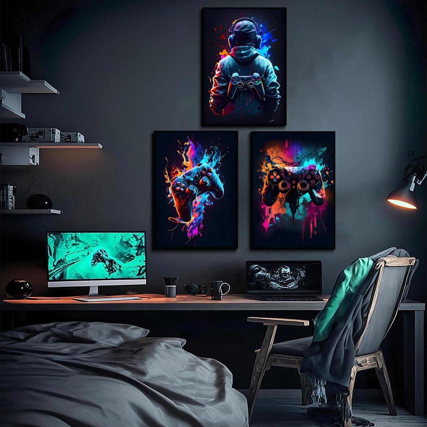 3Pcs Cool Gaming Wall Art – Retro Video Game Neon Posters (8x11 Inches Each) | Sticky Photo Tiles (Unframed)