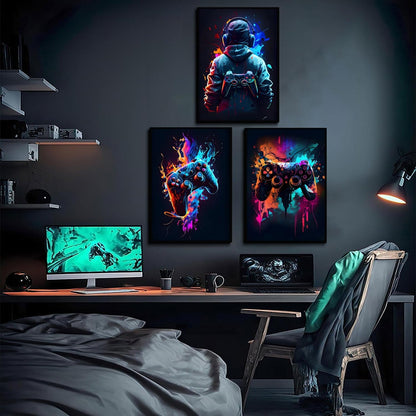 3Pcs Cool Gaming Wall Art – Retro Video Game Neon Posters (8x11 Inches Each) | Sticky Photo Tiles (Unframed)