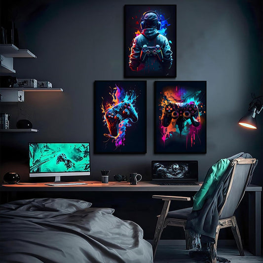 3Pcs Cool Gaming Wall Art – Retro Video Game Neon Posters (8x11 Inches Each) | Sticky Photo Tiles (Unframed)