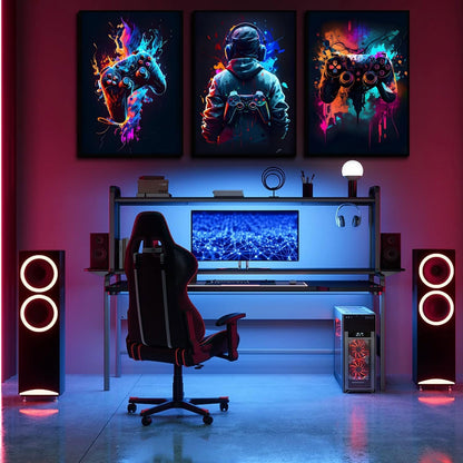 3Pcs Cool Gaming Wall Art – Retro Video Game Neon Posters (8x11 Inches Each) | Sticky Photo Tiles (Unframed)