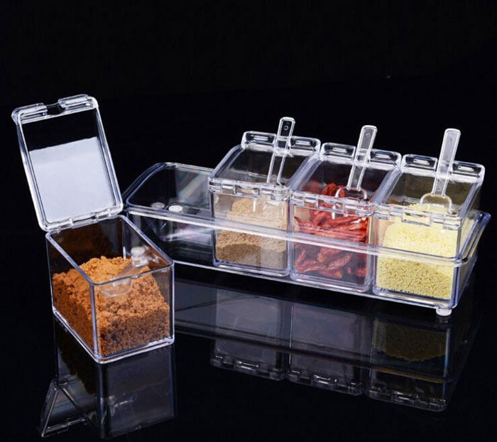 Crystal Seasoning Box with 4 Compartments & Spoons – Spice Storage