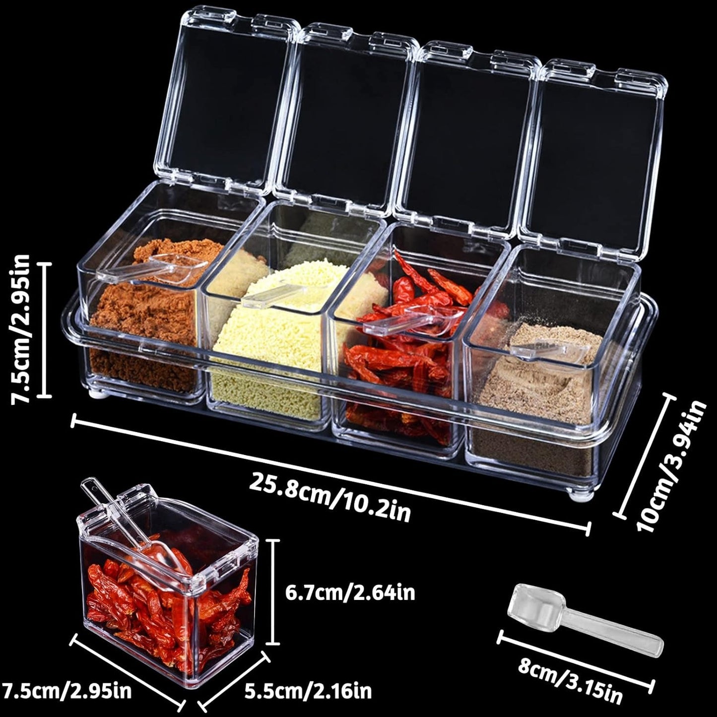 Crystal Seasoning Box with 4 Compartments & Spoons – Spice Storage