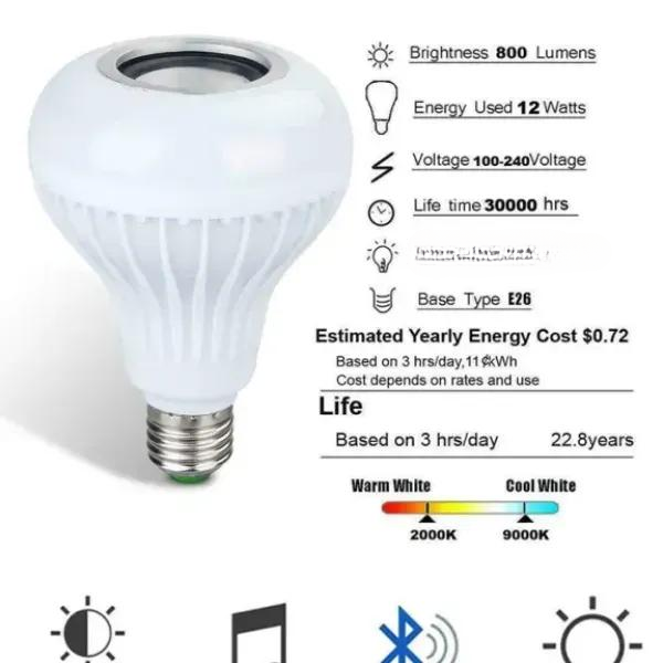 Smart LED RGB 12W Bluetooth Speaker Bulb – Color Changing Light with Remote & App Control (E27/B22)