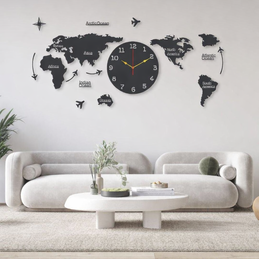 Modern Wooden World Map Wall Clock 45x55