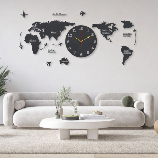 Modern Wooden World Map Wall Clock 45x55