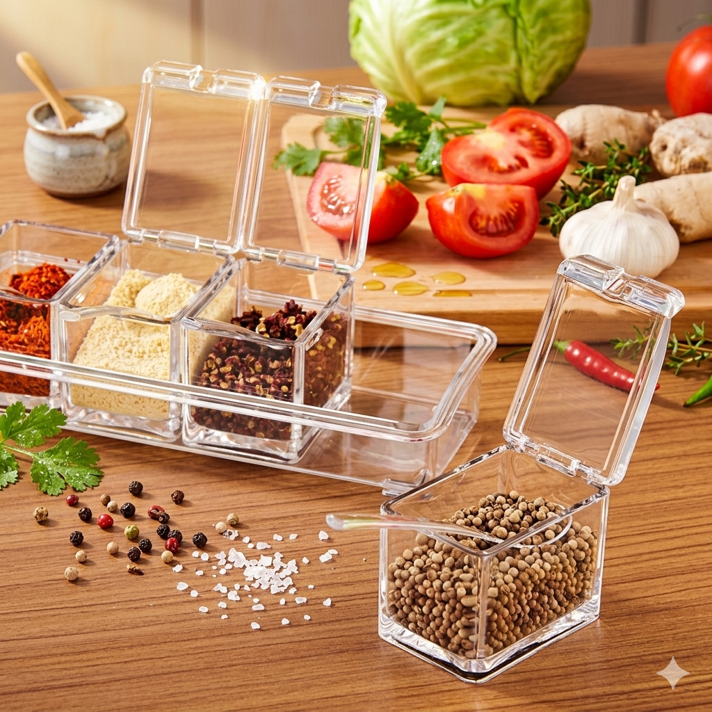 Crystal Seasoning Box with 4 Compartments & Spoons – Spice Storage