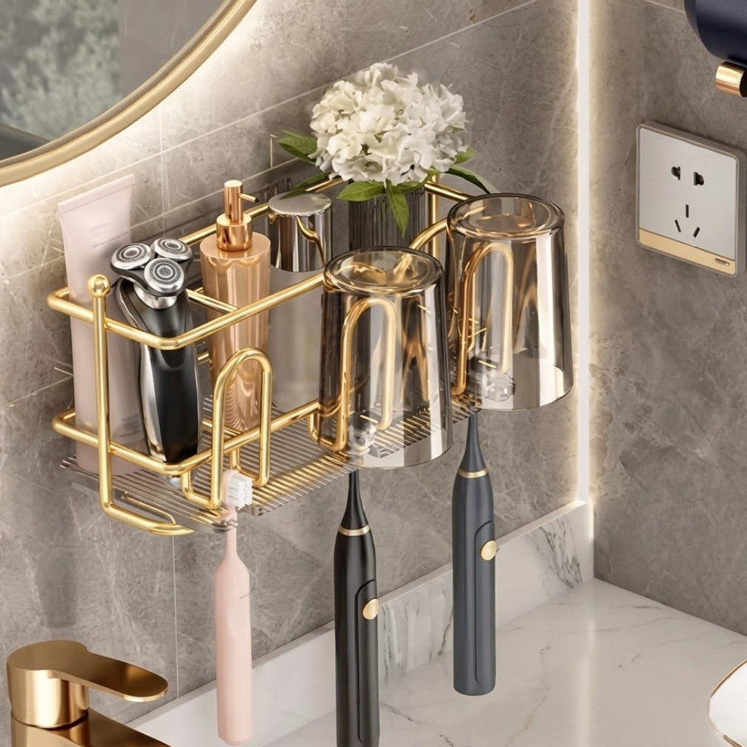 Golden Wall Mounted Toothbrush Holder Rack
