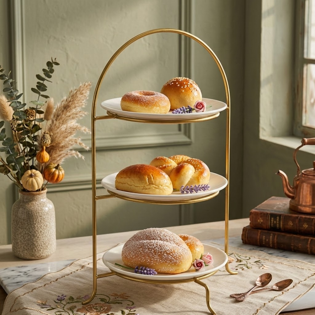 Golden 3 Tier Cake & Pastry Stand with Plates